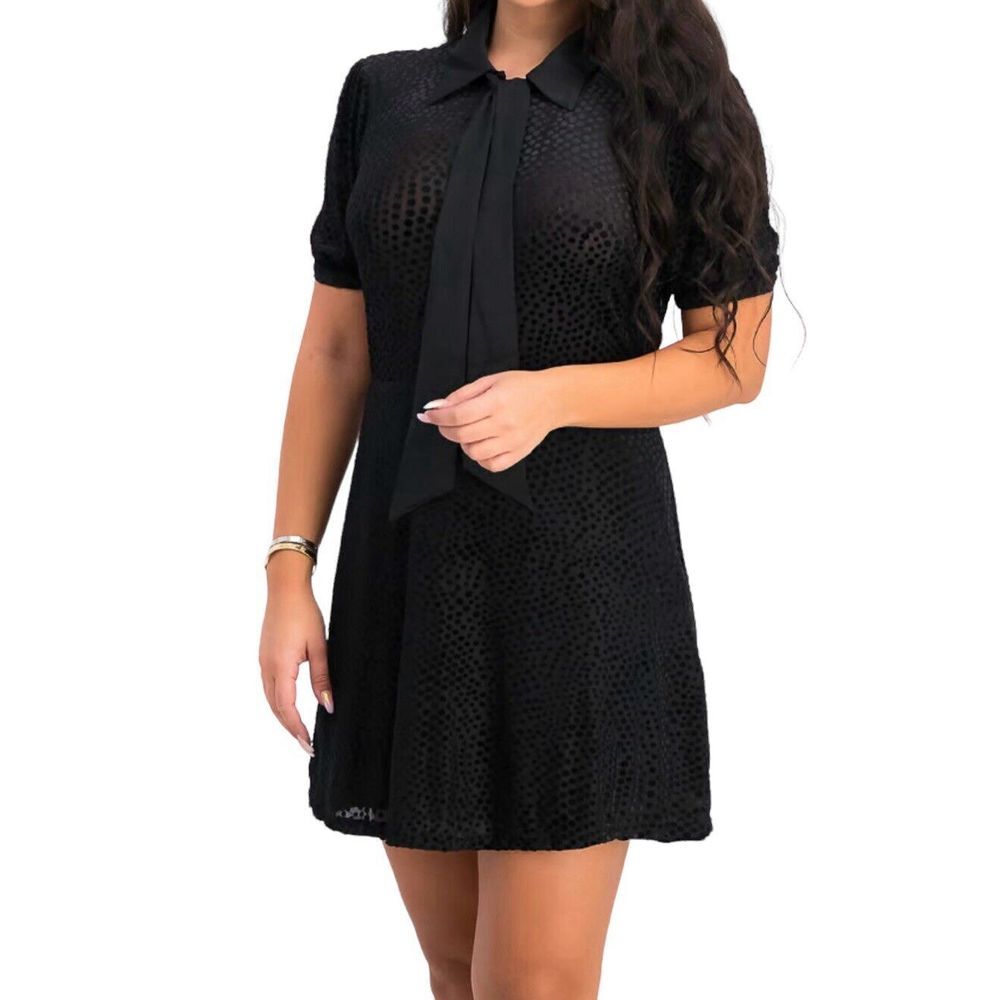 Avec Les Filles Dress Anthropology Tie Neck Velvet Large  Button Down‎ Black NWT